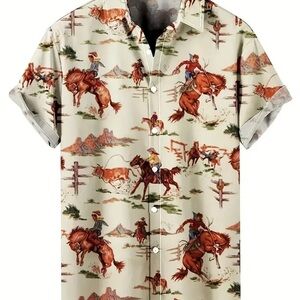 Cream Casual Button Down Shirt with Western Pattern